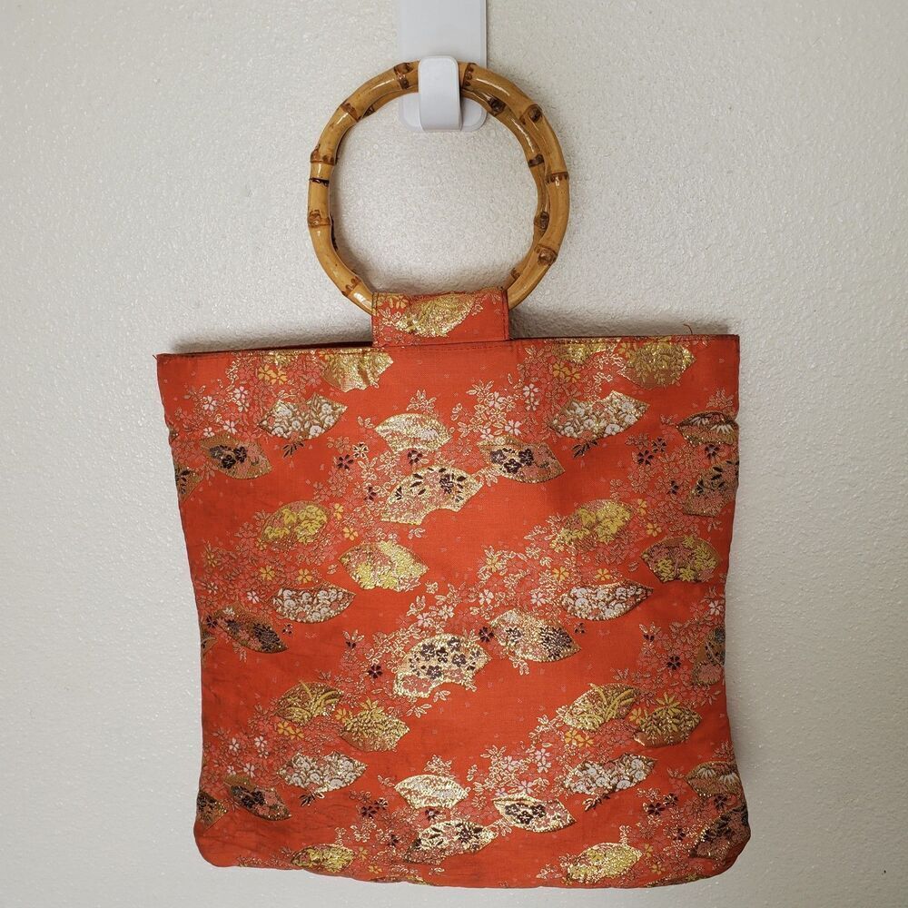 Vintage Orange Brocade Bamboo Handle Bag Gold Metallic Fan Floral Tote Handbag - Picture 13 of 16